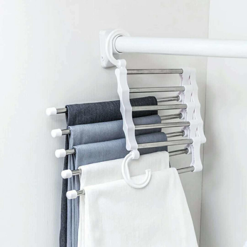 Accessoires ménagers économiser de l'espace 5-en-1 Portable multi-fonction en acier inoxydable pantalon cintre vêtements support sec anti-dérapant cintre