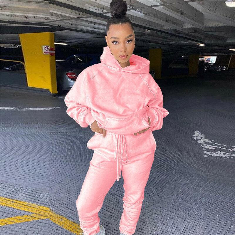 2020 Solid Women's Set Hooded Sweatshirt Jogger Pants Suit Tracksuit Matching Two Piece Set Autumn Winter Casual Outfits