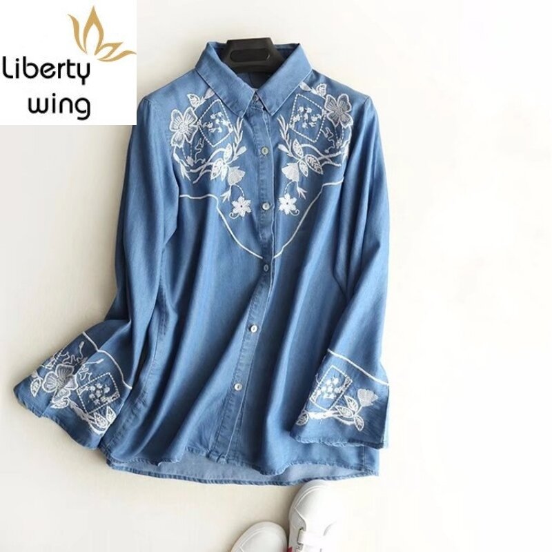 Женская джинсовая рубашка с цветочной вышивкой, винтажная однобортная Свободная блузка с длинным рукавом, топы для весны и осени