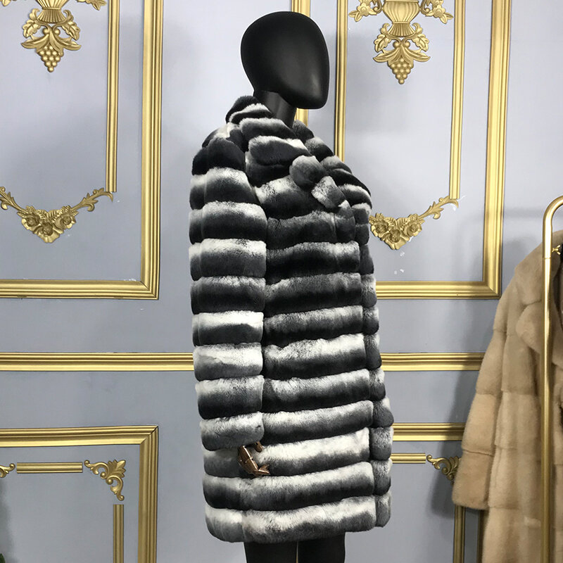 Winter Parka Jacket Real Rex Konijnenbont Jas Mode Warm Thicken Uitloper Hoge Kwaliteit Chinchilla Kleur
