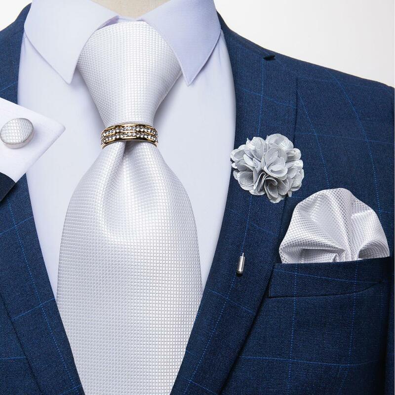 DiBanGu – cravate en soie pour hommes, 8cm, couleur unie blanche, boutons de manchette, ensemble de broches en forme de fleur Hanky, cadeau