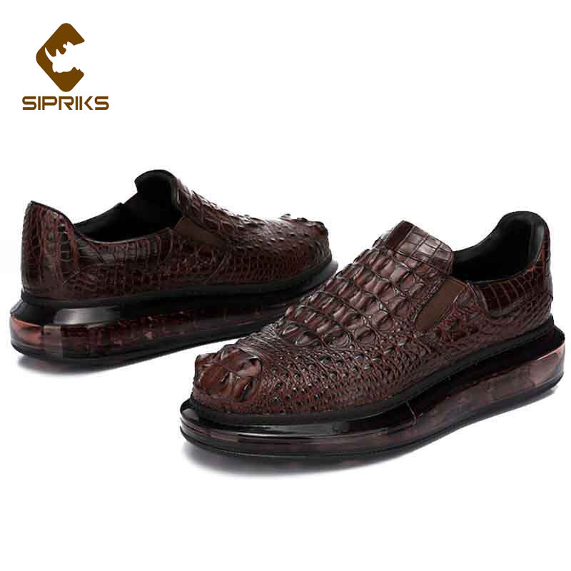 Sipriks-Sapatilhas masculinas de couro jacaré, sapatos deslizantes, casuais, pele de crocodilo, marrom escuro, luxo, moda, 44