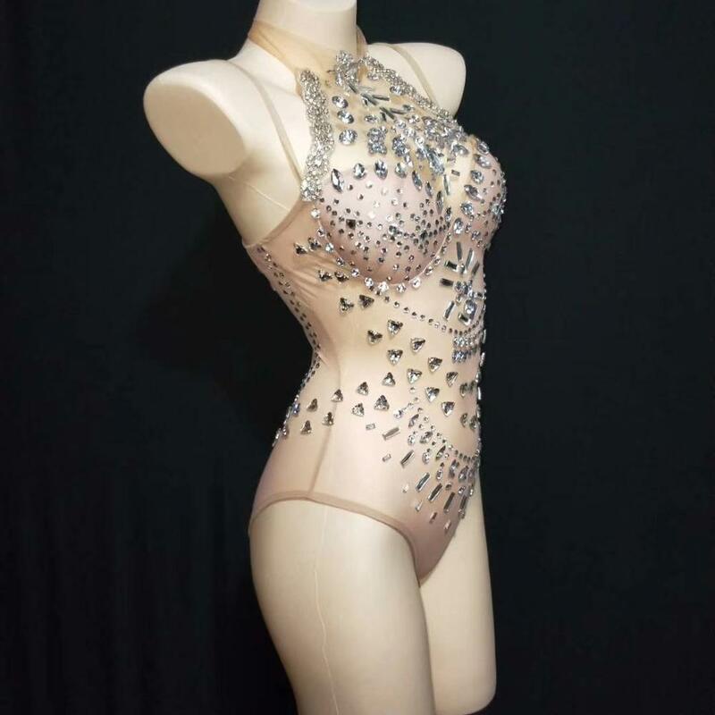 Perspektywa Mesh kryształowe body klub nocny seksowne kostiumy do tańca kobiety Skinny Leotard Bar Showgirl kostiumy sceniczne