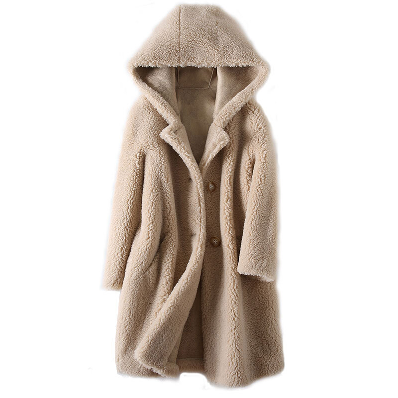 Jaket bulu domba asli wanita, mantel bulu domba bertudung hangat kasual untuk musim dingin 2023 M148