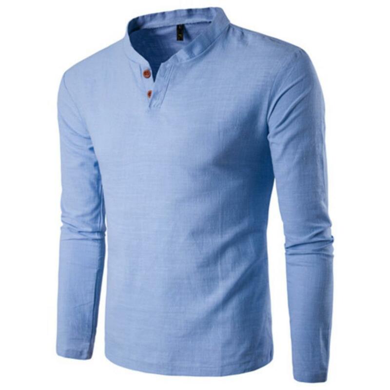 Men Chinese Style Buttons V-Neck Long Sleeve Stand Collar Cotton Linen Shirt Top