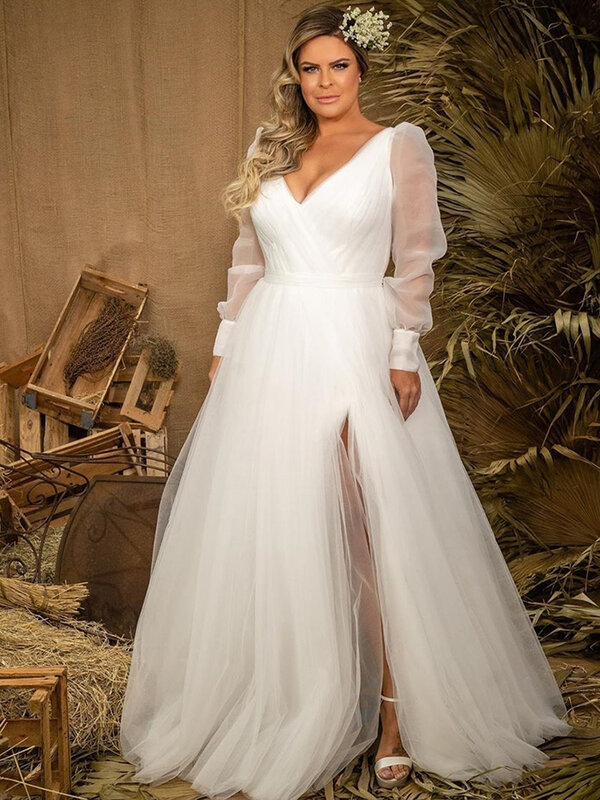 LSYX-vestido de novia de talla grande, manga larga, abertura lateral, largo hasta el suelo, tul blanco, plisado, elegante