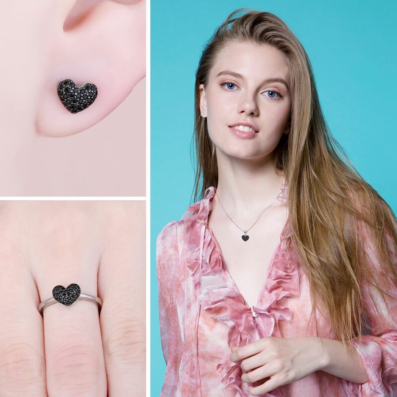 JewelryPalace Heart Love Natural Black Spinel แหวนเงินแท้925จี้สร้อยคอต่างหูเครื่องประดับอัญมณีชุด