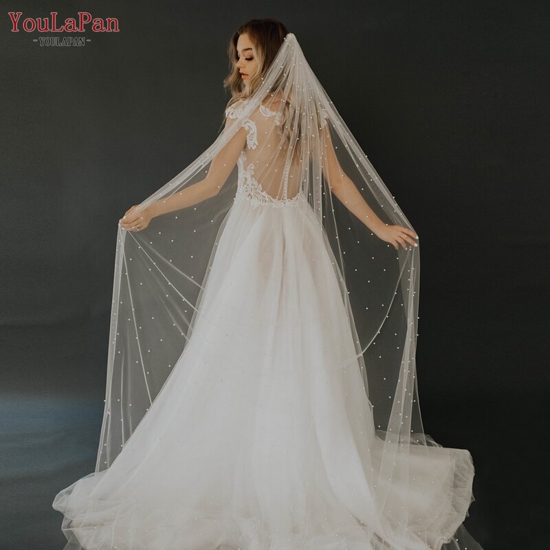 YouLaPan-velo de novia de lujo V05, velo de novia largo de 1 nivel, con perlas de velo de novia en tul, con peine para el pelo