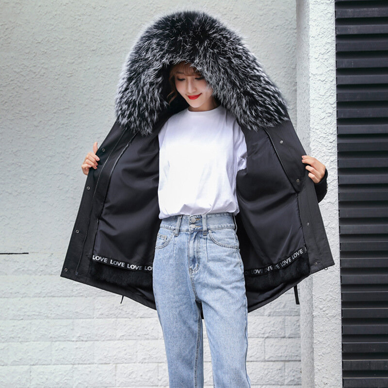 2023 Jaket Korea Baru untuk Wanita Pertengahan Panjang Bulu Kelinci Liner Bulu Rakun Kerah Berpayet Mode Mantel Bulu Berkerudung Perempuan Musim Dingin