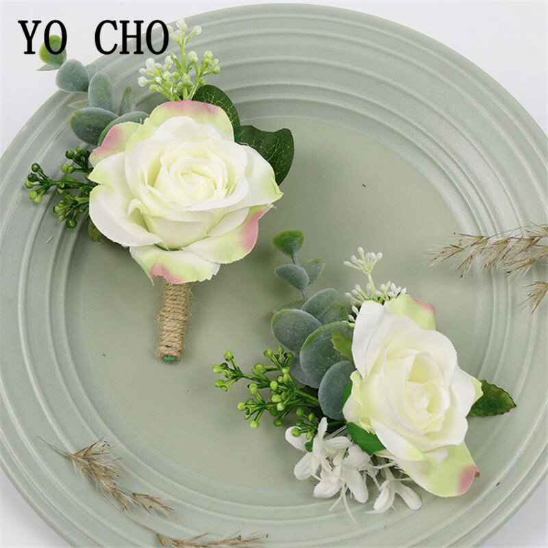 YO CHO Silk Corsage Flower Pin Boutonniere Buttonhole Men Wedding Corsage Bracelet Bridesmaid Wedding Buttonhole Witness Corsage