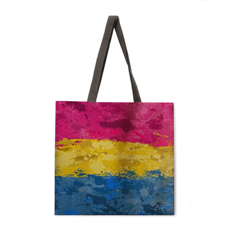 Bolso de hombro con estampado de rayas de arcoíris para mujer, bolso informal de tela de lino, bolso de compras reutilizable, bolso de playa plegable