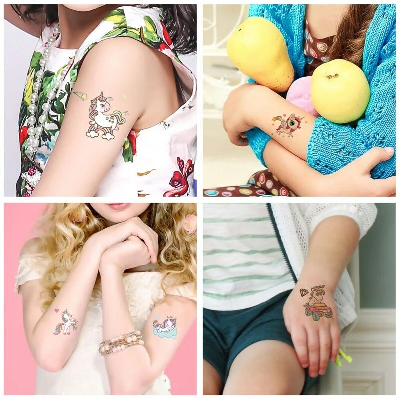 10 sztuk jednorożec tatuaż naklejki tymczasowe wodoodporne Sweatproof Body Transfer dzieci rysunki ramię nogi twarz zabawka dziecięca na prezent dziewczyna