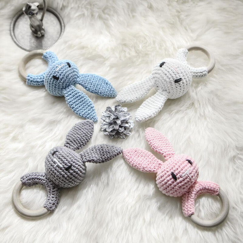 Let's Make Baby Rattle 1pc Rabbit Crochet Molars Log Animal Teether Safe Wooden Toys Mobile Pram Crib Ring Children Product