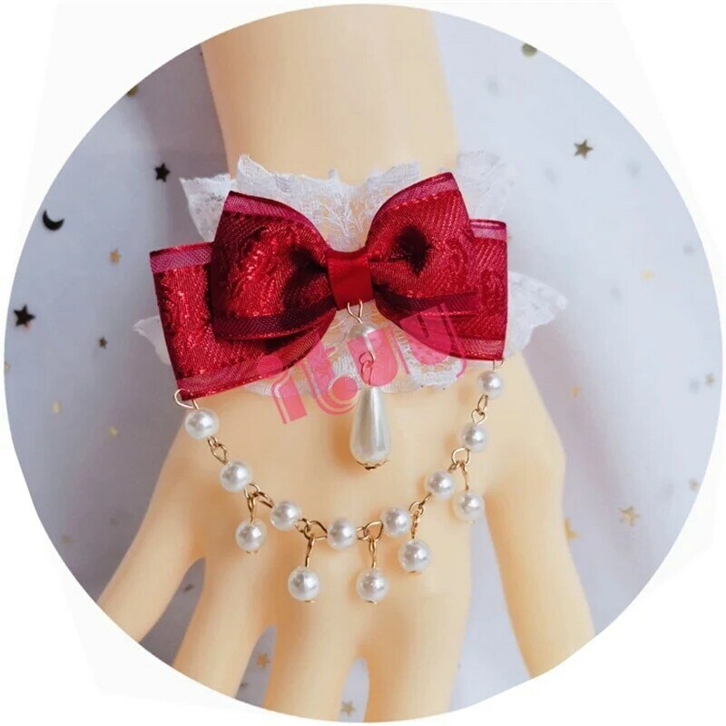 Handmake Lolita Girl KC-colgante de perlas con lazo, pulsera de manga de mano de encaje, collar, accesorios de novia, adornos