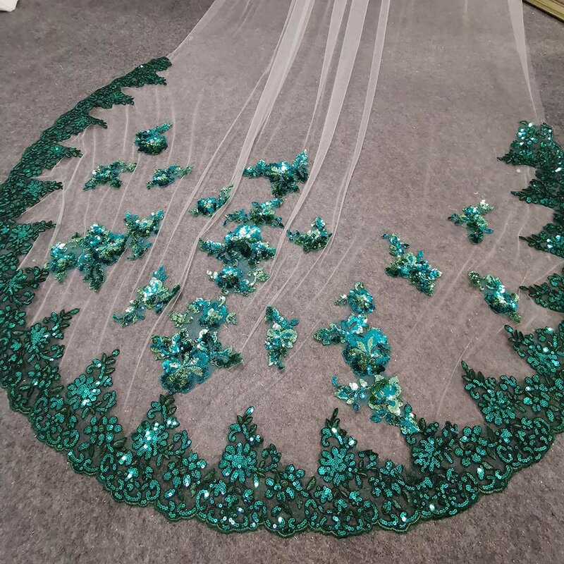 Luxury Bling Sequins Green Lace Soft White/Ivory Tulle Wedding Veil with Comb 1 Layer 3 Meters Long Colorful Bridal Veil