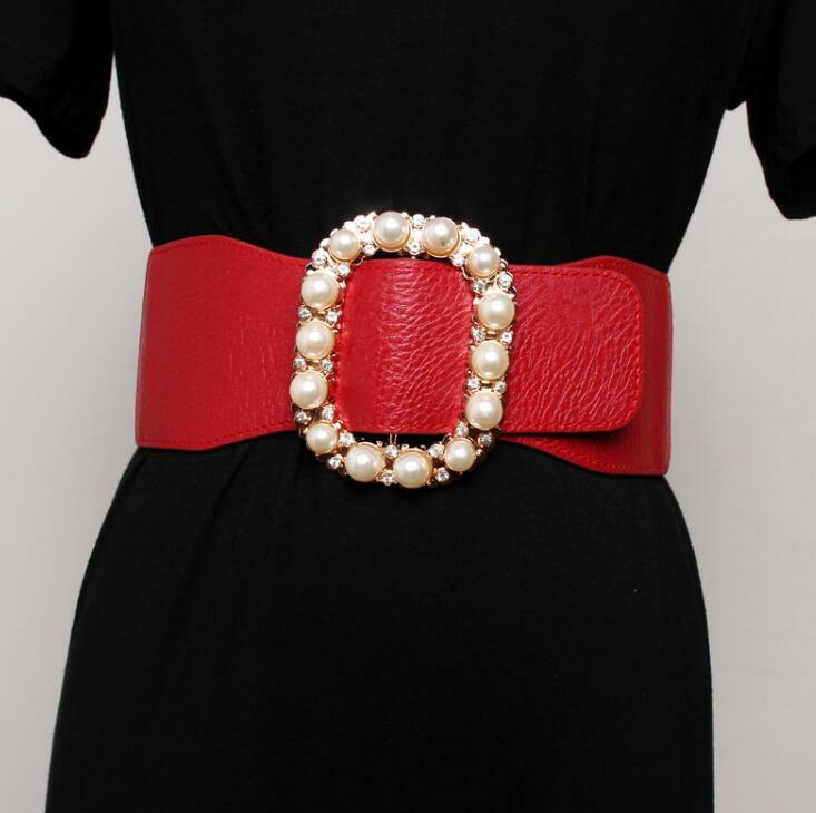 Women's runway fashion pearl buckle elastic Cummerbunds female Dress Corsets Waistband Belts decoration wide belt R3176