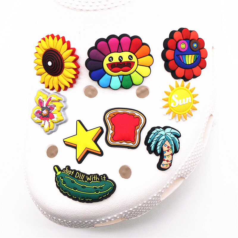 Drops hipping Cartoon Sonnenblumen Schuh Charms PVC Sterne Sonne Gurke Designer Sandalen Zubehör für Kinder Party Geschenke
