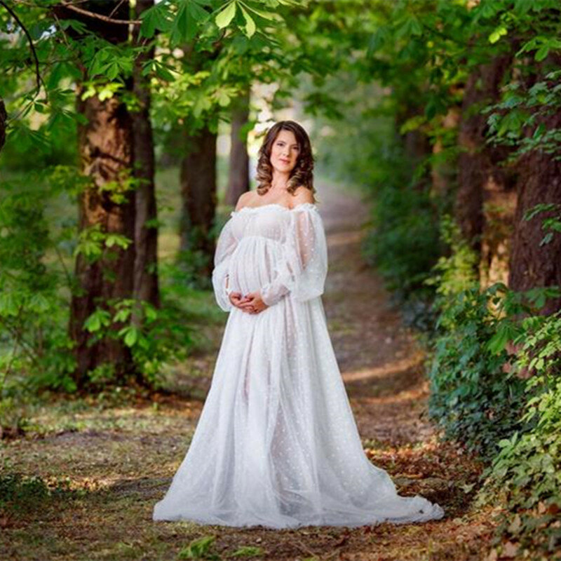 White Dot Tulle Maternity Photography Props Dress See Through Maternity Photo Shoot Tulle Long Dress Lantern Sleeve