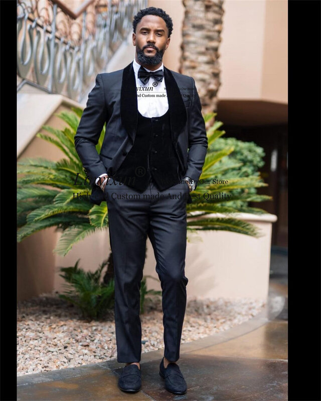 เครื่องแต่งกาย Mariage Homme งานแต่งงานอย่างเป็นทางการชุดสำหรับชายสีดำผ้าคลุมไหล่เจ้าบ่าว Tuxedos 3ชิ้...