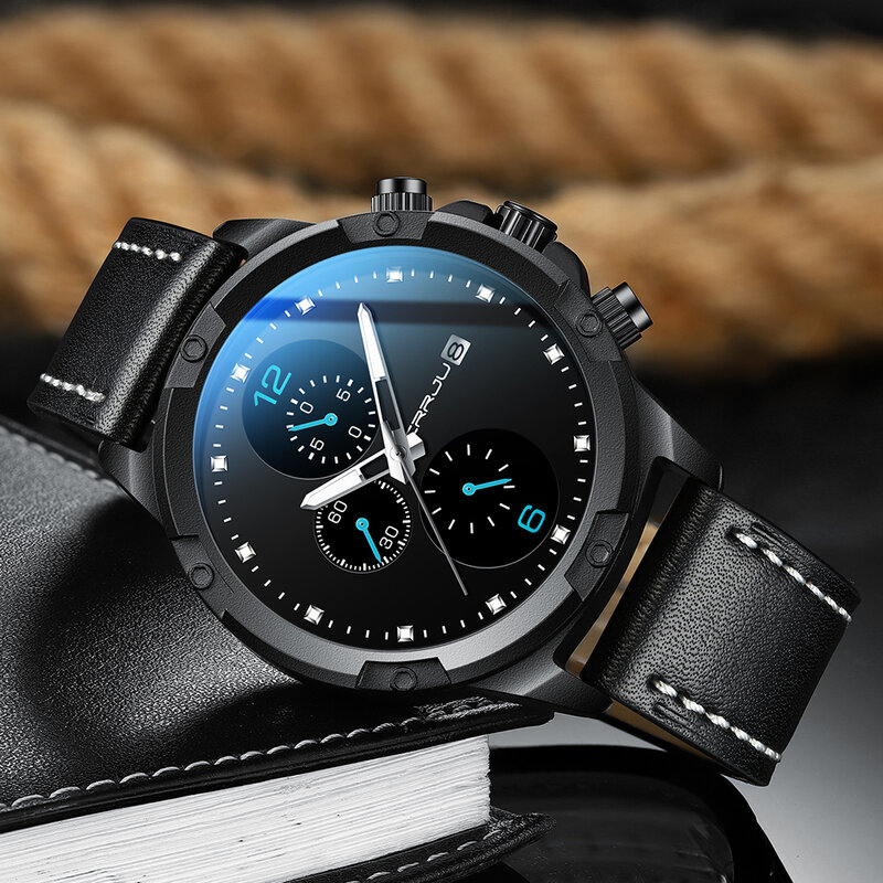 2020crrju nova moda masculina relógios topo marca de luxo grande dial militar relógio de quartzo couro à prova dwaterproof água esporte cronógrafo