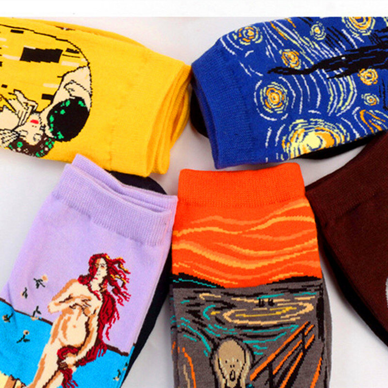 Лидер продаж, 1 пара, классические женские носки в стиле ретро на осень и зиму с рисунком Ван Гога и фреской, женские носки с картинкой всемирно известного мира, носки с масляными красками