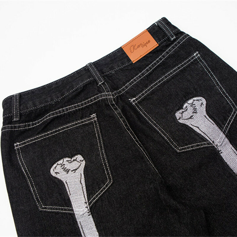 2021 Dark Streetwear Skeleton Embroidery Punk Black Men Hip Hop Jeans Pants Straight Casual Wide Denim Trousers Pantalons Capris