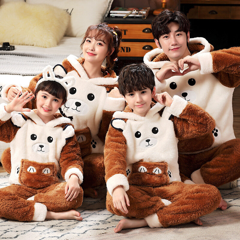 Winter Parent-Child Pajama set Children's Flannel Pyjamas Thickened Plush Hoodie Long Sleeved Animal Panda Women Men Homewear