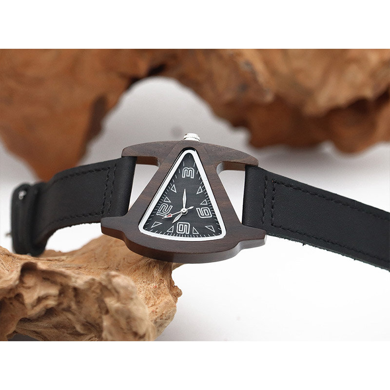 Relógio feminino madeira preta triangular, relógio de pulso quartzo madeira, pulseira de couro de alta qualidade criativa feminina