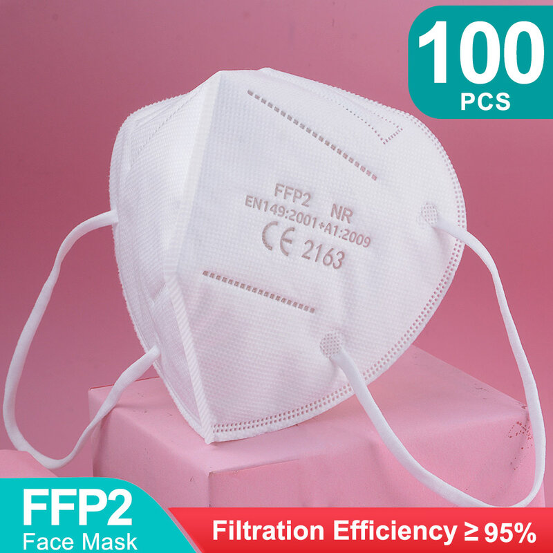 Masques de protection FFP2, lot de 100 pièces, réutilisables, 5 plis, anti-poussière, pour adultes, certifié CE KN95