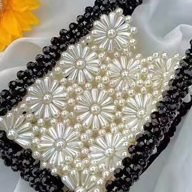 Sacs Transparents Portables en Chrysanthème pour Femme, Bordure Noire, Perle Blanche Tressée, Sac Transparent, Fleur d'Été, Sac à Main en Acrylique