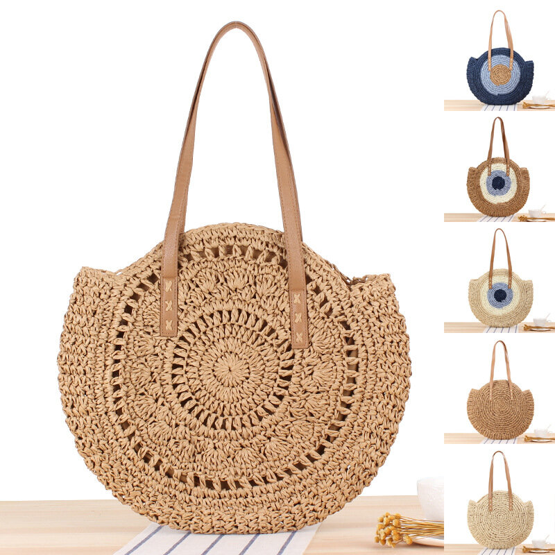 Women's Shoulder Bags Top-handle Paper Rope Woven Bag Round Splicing Pastoral Beach Bags Tote Female Summer Fashion Shopping Bag