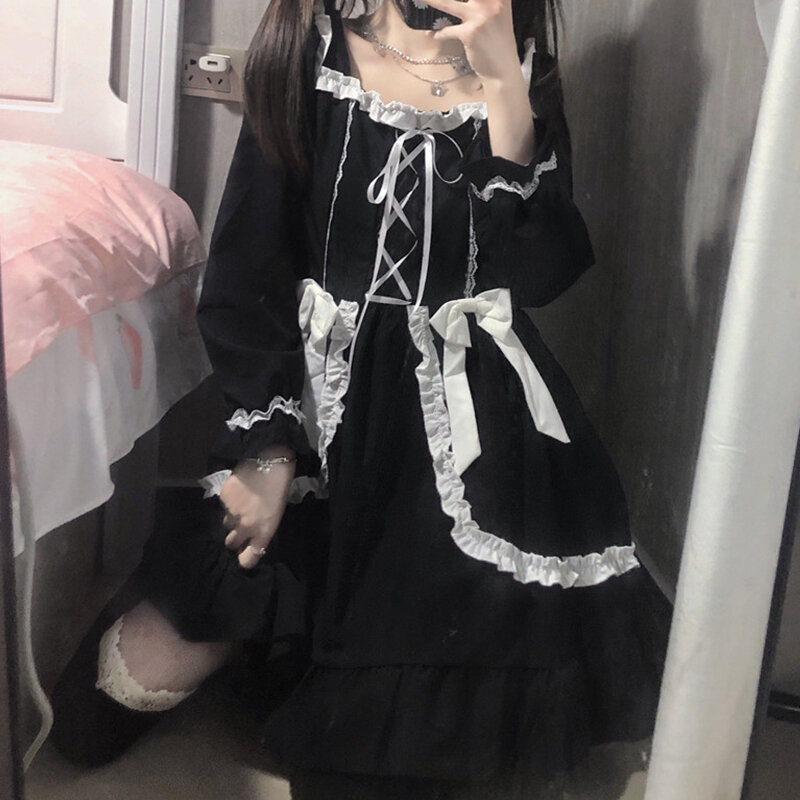 Gothic Lolita Zwarte Jurk Vintage Japanse Zachte Meid Schattige Strik Met Veters Ruches Lange Mouwen Prinses Vrouwen Punkjurken