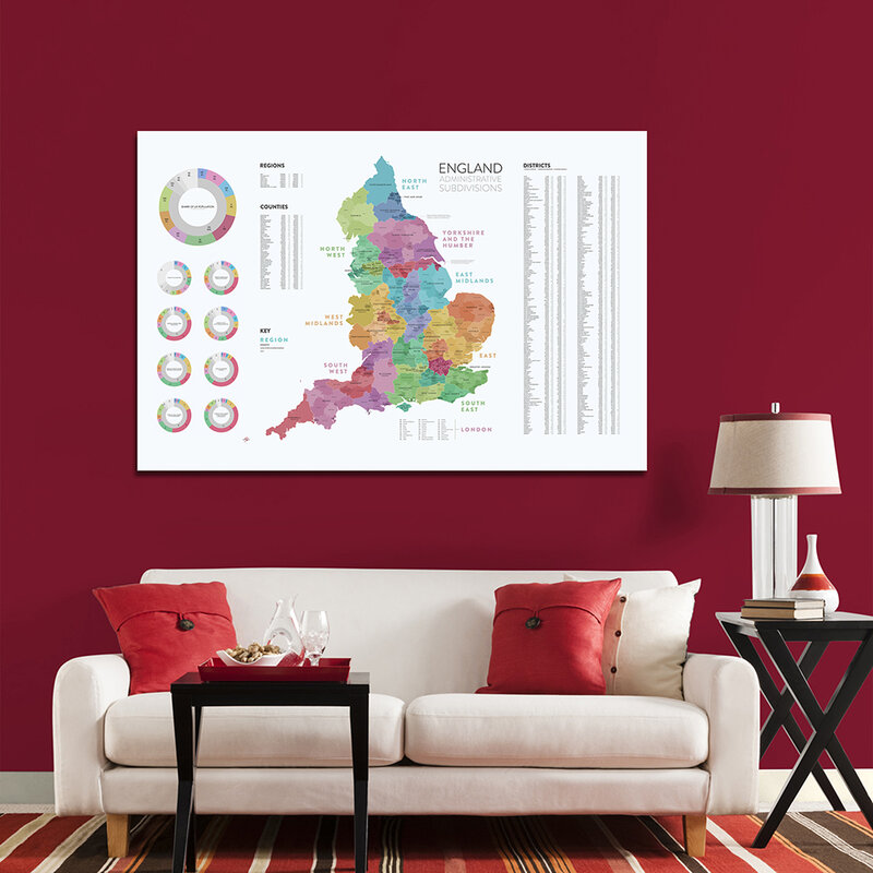 150*100 Cm Karte der England Verwaltungs Unterteilungen Detaillierte Regionen Nicht-woven Leinwand Poster Wohnkultur Schule liefert