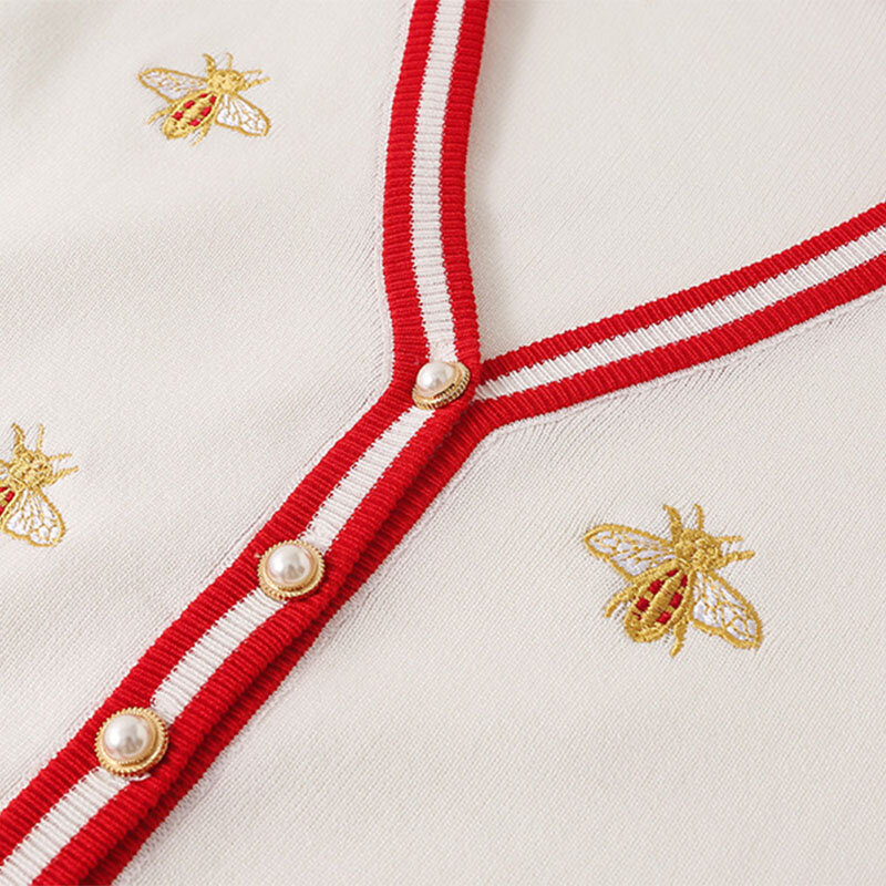 Hochwertige Modedesigner Bienen stickerei Strickjacke Langarm Einreiher Kontrast farbe Knopf Strick pullover