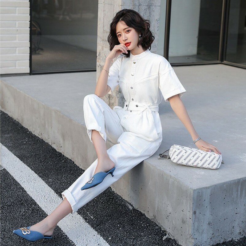 Summer New Solid White Cargo High Waist Straight Women Fashion Casual Sashes Short Sleeve Ladies Jumpsuits Hot