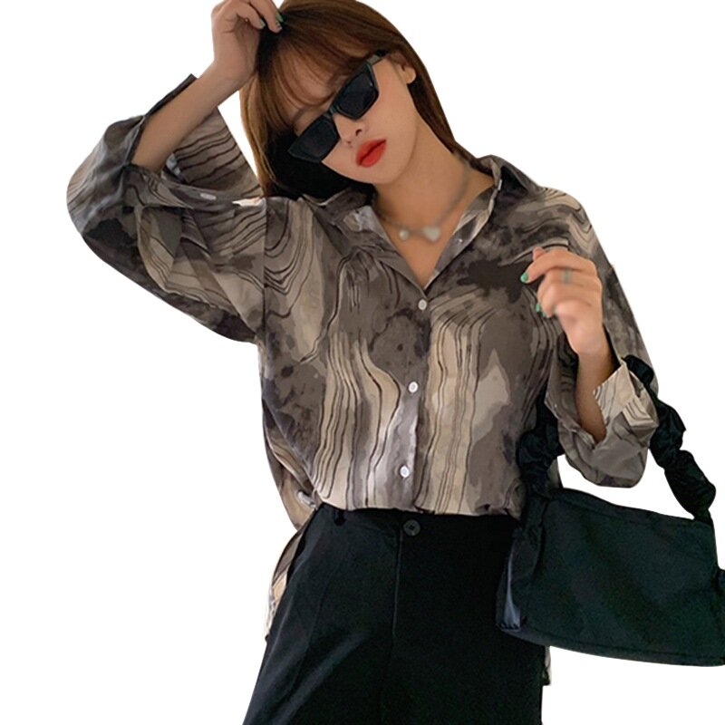 Outono blusa feminina solta retrô estampa de tinta blusa feminina manga comprida casual folgada tops