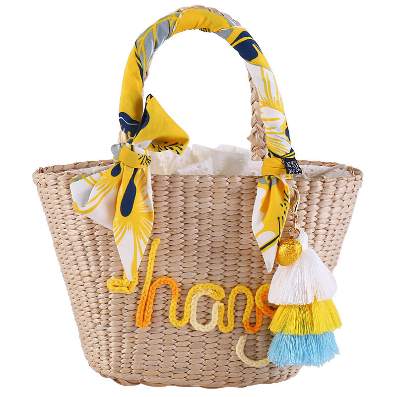 Canasta Natural hecha a mano, bolsa de paja tejida, bolso de playa de hierba marina, bolso con asa de calidad, regalo de boda, tamaño pequeño