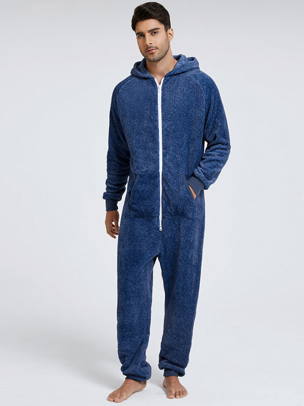 Hoodie Musim Dingin untuk Pria Jumpsuit Flanel Solid Lengan Panjang Pakaian Tidur Piyama One-Piece Pria