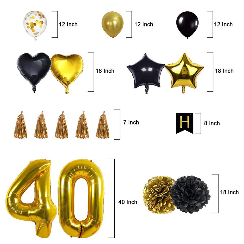 Balões de hélio para decoração de festa, balão preto dourado, tamanho grande, 30/40/70/80