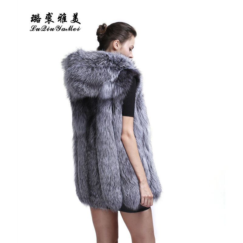 L q y m 2021 casaco de pele de raposa, jaqueta feminina espessa e prateada de pelo com capuz