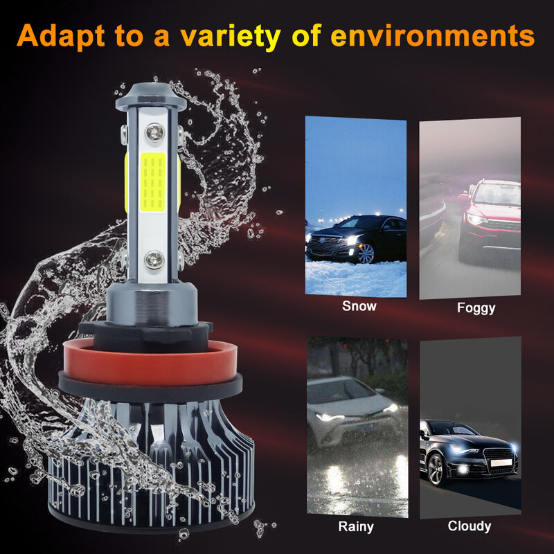 Mini phare antibrouillard de voiture, 80W, 16000LM, 4 côtés, H7, H8, H9, H11, H4, 880, LED, 9005, 9006, 6500K, ampoule LED 12V, 2 pièces