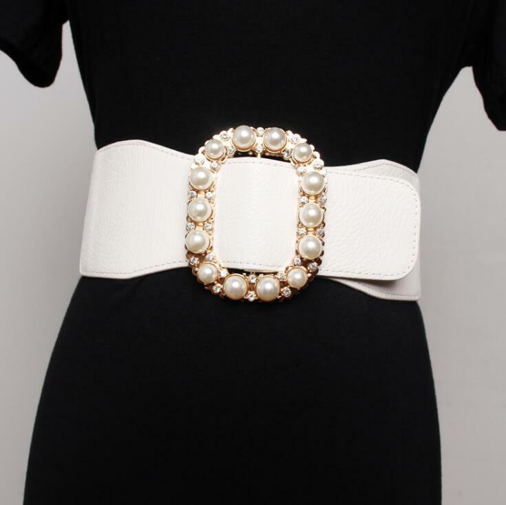 Faja elástica con hebilla de perlas para mujer, corsés para vestido femenino, cinturón ancho de decoración R3176