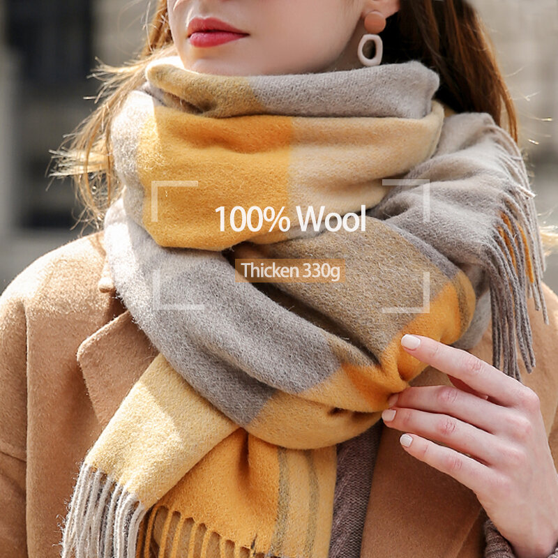 여성용 진짜 양모 체크 무늬 스카프, 격자 무늬 캐시미어 스카프, 대형 숄 및 랩, 따뜻한 Echarpe Pashmina, 겨울 100%