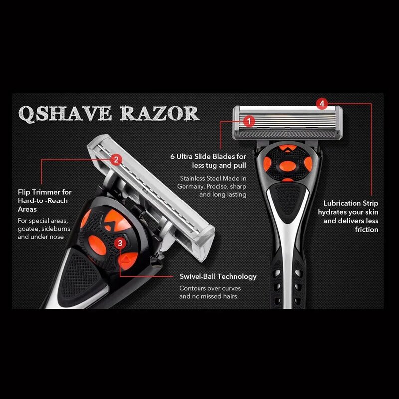 Qshave – rasoir manuel à 6 lames pour hommes, nouveau système de rasoir, araignée noire, allemagne X6, lame avec tondeuse, choix de 4, 8 et 16 cartouches