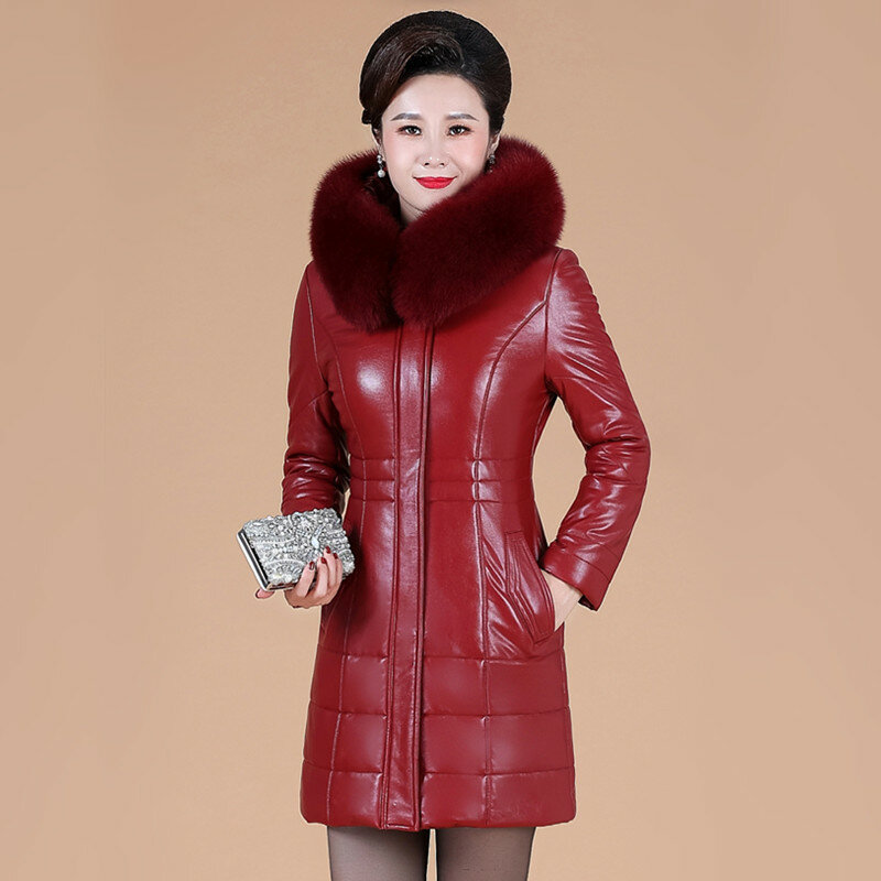 L-8XL Ibu Kulit Mantel Musim Dingin 2024 Baru Mode Perempuan Kulit Domba Terbelah Jaket Mengentalkan Hangat Kerah Bulu Imitasi Berkerudung Pakaian luar Panjang Mantel Perempuan Ukuran lebih