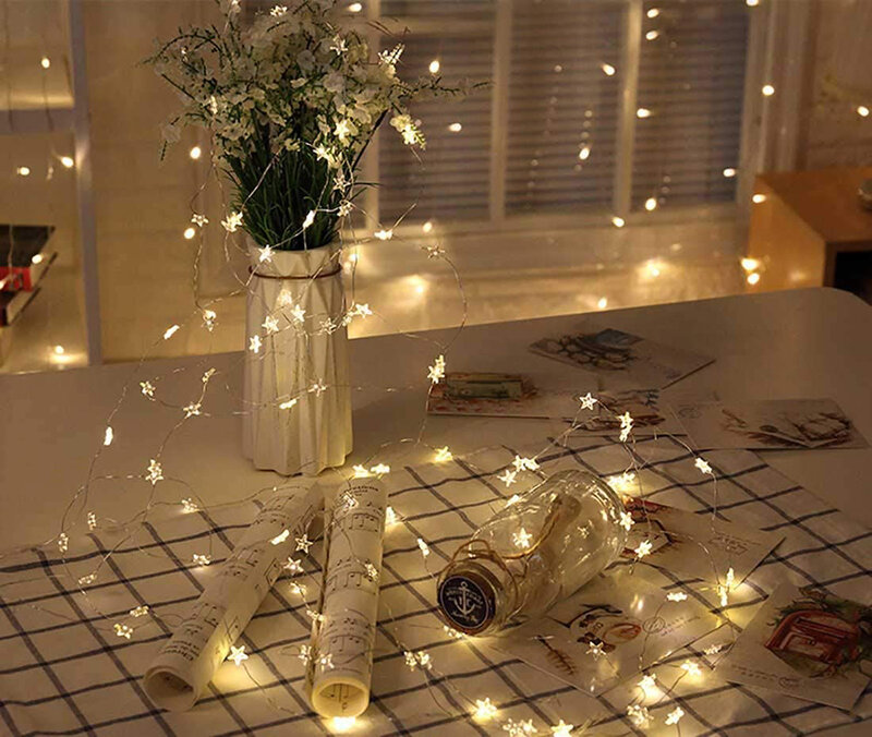 Luces LED de hadas con forma de estrella, alambre de cobre, cadena de luces parpadeantes, decoración de bodas y Navidad, funciona con pilas, 2M/3M