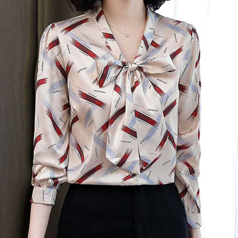 Blusa de seda con estampado de satén para mujer, camisa de manga larga con cuello en V, Floral, a la moda