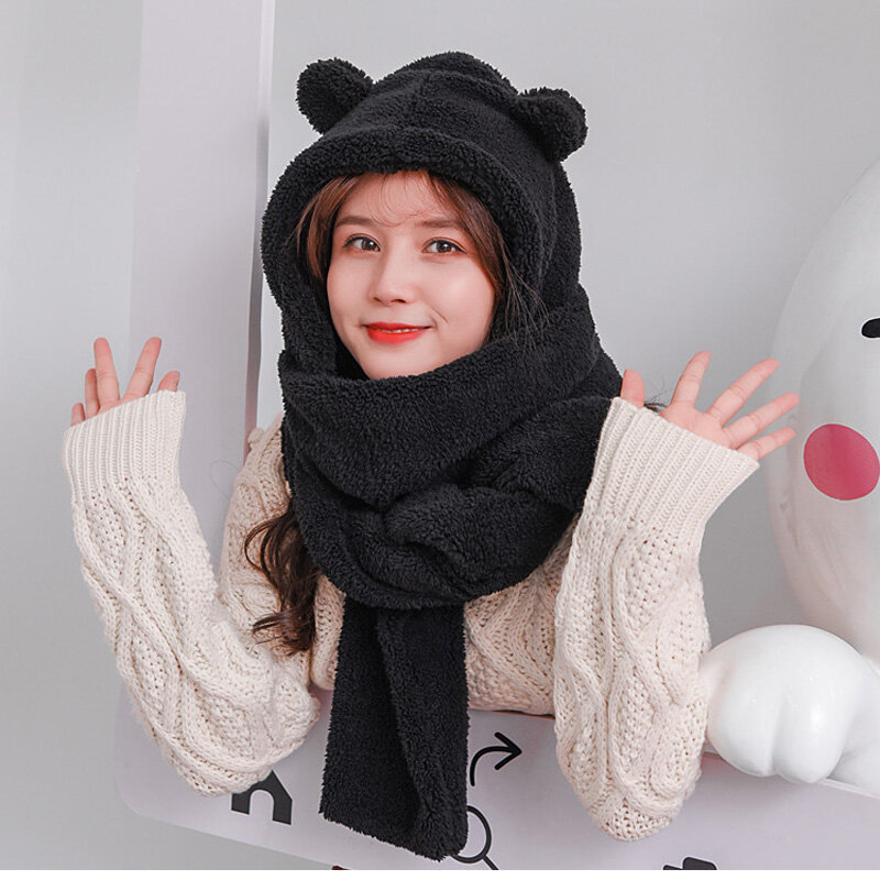 Winter Hat Women Thick Hat Scarf One Two-Piece Korean Version Parent-Child Warm Thickening Scarf Students Black White Pink