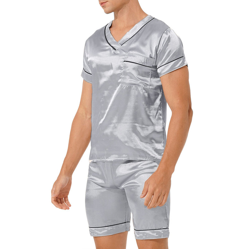 Conjunto de pijamas masculinos cetim seda lounge shorts camisa de manga curta 2 peças roupa de dormir confortável loungewear