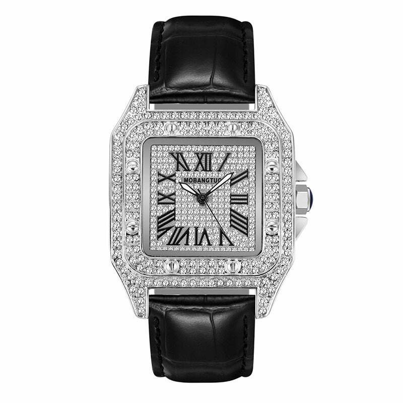 여성용 쿼츠 방수 풀 다이아몬드 시계, 탑 브랜드 럭셔리 시계, 레이디 시계, 실버 스퀘어 커플 시계, 라인석 포함
